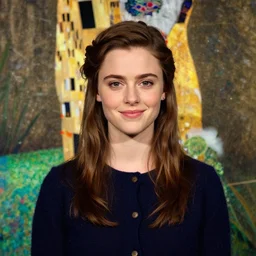 a portrait of female asa Butterfield mixed with pam beesly, content, kind, slight smile, longer eyebrows, surrounded by plants, by gustav klimt