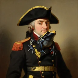 a portrait of an amazon milk frog wearing a military uniform and a black tricorn, a painting by john trumbull, american romanticism