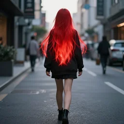 Photo Of A Person Walking On The Street With Red Glowing Anime Hair, 4K