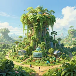 plant - draped futurist renewable town. joyful and sunny, humans and nature in perfect harmony. concept art by ralph mcquarrie