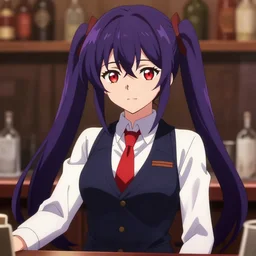 anime drawing of julianne stingray ( from va - 1 1 hall - a ), anime, long dark purple hair, twin pigtails, bartender, dark navy blue vest, white dress shirt, red tie, red irises, digital art, 8 k, 4 k, masterpiece, trending on artstation, art by christopher ortiz