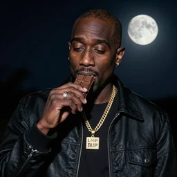 tupac eating chocolate bar in the moonlight at night, digital art