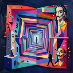 A surreal neon painting of a Zaha hadid 3d cityscape made of cubism futuristic picasso optical illusion tunnels in 3 point perspective by hr giger and Vladimir kush and dali and kandinsky, 3d, realistic shading, complimentary colors, vivid neon colors, aesthetically pleasing composition, masterpiece, 4k, 8k, ultra realistic, super realistic,