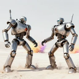 Big dieselpunk robots fight against each other in a white desert with colorful powder explosions in the environment, by Andreas Rocha and Greg Rutkowski, and Martin Johnson Heade, colorful, epic, atmospheric, Titanfall mech, Metal Gear Mech, Warhammer mech, intricate, featured on artstation, golden ratio, f32, well composed, cohesive, 4k resolution