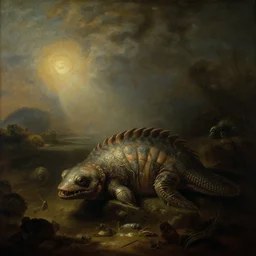 king anomalocaris of the underworld, cambrian fauna, rembrandt baroque painting, dutch golden age landscape painting, mysterious, ambient light, dramatic light, soft colours