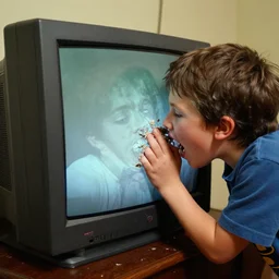 a kid being eaten by an old crt tv