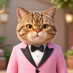 portrait of tabby in the style of the movie zootopia wearing a pink tuxedo, 4k, digital art.