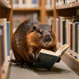 beaver reading a book in the library