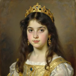 An oil painting by Adolf Hirémy-Hirschl. Portrait of a young girl looking at the camera. The girl has a very light skin, long dark hair, wearing a golden tiara and golden jewelries covering her ears. The girl wears a white and golden dress.