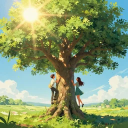 two lovers climb the tree of life as the sun shines brightly, 8 k resolution digital painting, vibrant colors, by michael whelan, byalena aenami, behance hd, trending on artstation deviantart