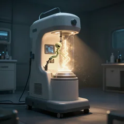 alien medical healing machine in a dimly lit room, light shining from the machine and illuminating the dust particles in the air, style of octane 3 d, unreal engine