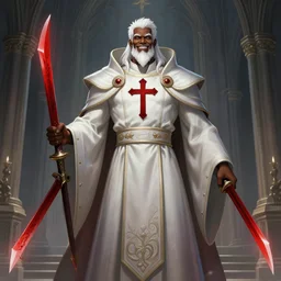 a highly detailed illustration of white haired african priest, wearing cross on robe, wielding red blades made of blood, evil standing smiling pose, gothic church background, muscular, intricate, elegant, highly detailed, centered, digital painting, artstation, concept art, smooth, sharp focus, league of legends concept art, WLOP