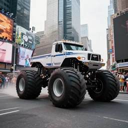 1 8 0 0 s ship with monster truck wheels attached to its sides driving through times square, wide angle, 2 4 mm, f / 1 6