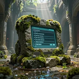 An ancient and mysterious computer Integrated Circuit made of stone, mossy foliage, gritty stone texture, terminal screen with an entry menu, large humid, a shaded room with water dripping from the side and huge hallways going to all sides, high ceilings, artistic render, mist, soft light ray