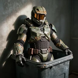 master chief armour destroyed and left in a trash bin, photo