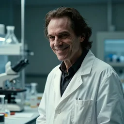 an ultra realistic cinematic 3 / 4 view portrait of an evil male scientist smiling, stood in a lab, detailed, deep focus, movie still, dramatic lighting, by werner herzog
