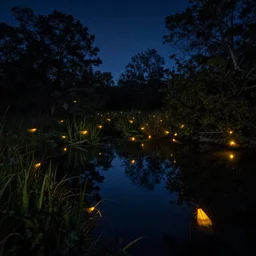 Fireflies on a pond at night