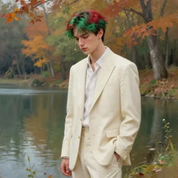 stoic young man with red tipped hair that is otherwise green wearing a cream suit shedding a single tear standing before a lake in an autumnal forest, digital art, oil painting by jeremy mann and yoji shinkawa