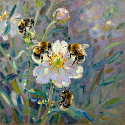 Bumblebees on Flowers, Claude Monet, Oil on canvas, detailed brushstrokes