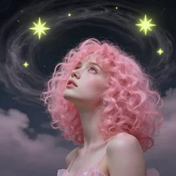 harmony of rose quartz woman, curly pink hair, night sky, looking up, swirly clouds, neon yellow stars, by wlop, james jean, victo ngai! muted colors, highly detailed, fantasy art by craig mullins, thomas kinkade
