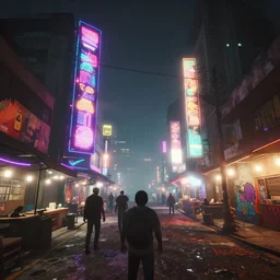 foggy environment night time scene in a urban market in guatemala with bright dramatic colorful neon advertising and neon signs and graffiti all over the place with big buildings cyberpunk aesthetic and visually like gta v with game of the year edition graphics with bloom and lightshaft, with first person view