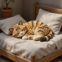 a cat sleeping in bed, claymation