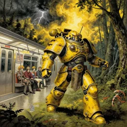 runs away from men on the subway and forest, composition gothic and futuristic, warhammer, cyber japan armor, a lot of scars, yellow, fire storm on clouds, thunderstorm, the middle ages, highly detailed, moebius, jugendstil and classic japanese print, art rene magritte and robert mccall