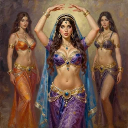 violet myers as a beautiful arabian princess with belly dancer dress, oil painting, by laura sava and julie bell and artgerma