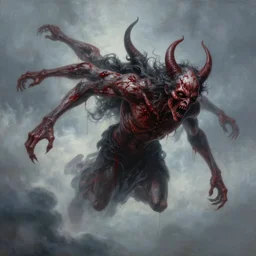realistic painting of a huge bloody satanic figure flying in the sky by michael whelan, ultra realistic, 8 k, streched and creepy painting. trending on, octane renderer, mesmerizing, aesthetic, beautiful