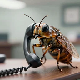 a huge flea talking into a telephone reciever hyperrealistic cinematic 3 5 mm
