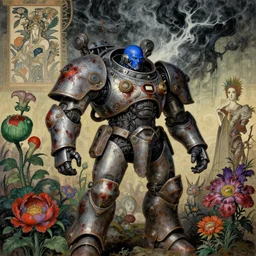 composition of gothic and futuristic, warhammer, cyber armor, more and more scars, storm, blue head, red, green, purple, mouldy juiceб many mech flowers, the middle ages, highly detailed, artstation, in the style of moebius, jugendstil and classic japanese print, art by jean delville and rene magritte, maks ernst