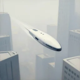minimalist spaceship soaring between skyscrapers at great speed, clean design, futuristic painting by francois boucher