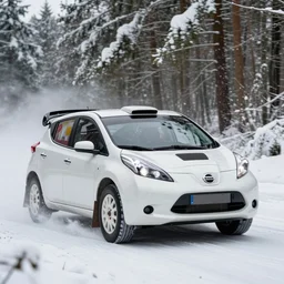 a 2 0 1 1 nissan leaf, racing through a rally stage in a snowy forest