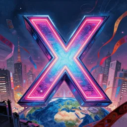 an epic fantastic realism comic book style painting of the uppercase letter x towering over the world, the letter x, giant font, lettering, neon future tokyo cityscape with ribbons, colorful banners and ribbons, masterpiece, octane render, extreme details, trending on artstation, dynamic lighting