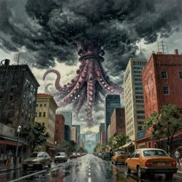 raining. dark clouds with stormy squid tentacles in sky. very low angle. very detailed painting by ghibli studios, futuristic. dreamlike. weird. horrific. wet asphalt. city street at 1 9 5 0 s. low angle. old photo. atmospheric. skyscrapers. vivid colours, mysterious. epic scene. 4 k. very high detailed.