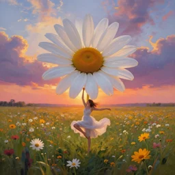 giant daisy flower in front of head, full body girl dancing in a flower field, surreal photography, sunrise, dramatic light, impressionist painting, colorful clouds, digital painting, artstation, simon stalenhag