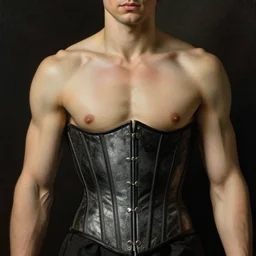 a lifelike man wearing a corset. art styles : moebius, artgerm, caravaggio, ross draws, hyperrealism, intricate detailed,