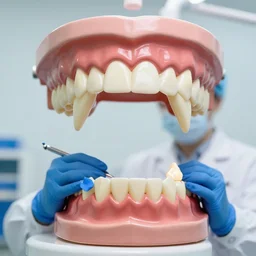 dentist with large, giant teeth, fangs