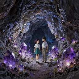 Amethyst crystals cave, by Makoto Shinkai and Thomas Kinkade, fantasy matte painting, trending on cgsociety and unreal engine，light effect，highly detailed，super wide angle，