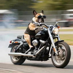 a French bulldog with aviator glasses riding a Harley Davidson, doing a burnout