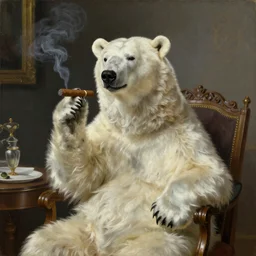 a beautiful portrait of a victorian polar bear in his salon smoking a cigar by Franz Xaver Winterhalter, oil on canvas, trending on Artstation
