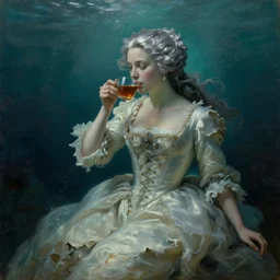 a 1 8 th century, silver haired, ( ( mad ) ) ) elf princess look like ( ( young kate winslet ) ), dressed in a ragged, wedding dress, is ( ( drinking a cup of tea ) ). everything is underwater, floating. greenish blue, theatrical, underwater lights, oil canvas by jakub rozalski, jan matejko, artgerm