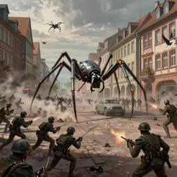 spider robots terrorising streets of weimar germany and attack freikorps, heavy street battle. art by greg rutkowski and jakub rozalski
