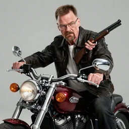 angry walter white on a chopper motorbike, shotgun, extreme detail, studio light, photorealistic, gritty, movie still, cinematic, fire, smoke, soft focus, well edited, 8 k, sunglasses, atmospheric, dark, leather jacket