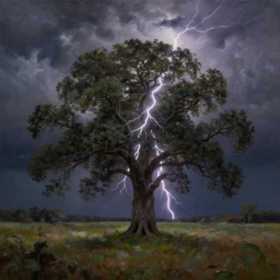 A beautiful, highly-detailed oil painting of a lightning striking a lonely oak tree in the middle of a dark, stormy landscape