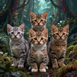 of a beautiful group of Hyperrealistic kittens in a dark scary smokey surreal jungle, macro lens, ultra shallow depth of field, highly detailed, digital painting, trending artstation, concept art, vibrant colors, illustration, cinematic lighting, vibrant colors, photorealism, epic, octane render