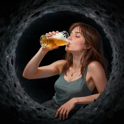 a girl drinking beer in black hole, detailed digital art by greg rutkowski.