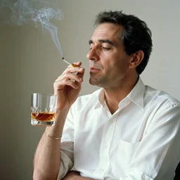 serge gainsbourg smoking a cigarette and holding a whiskey glass, photography be diane arbus