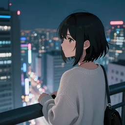 “ anime girl in jumper looking over cyberpunk city”