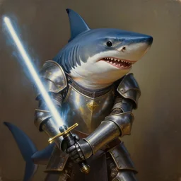 beautiful oil matte portrait painting, anthropomorphic shark wearing knight armor, holding a lightsaber, fantasy, wonderful masterpiece highly detailed, scifi, beautiful cinematic light deep focus, elegant, digital painting, smooth, sharp focus, golden ratio, dramatic illumination, ultra realistic, 8 k, art by greg rutkowski wlop rossdraws